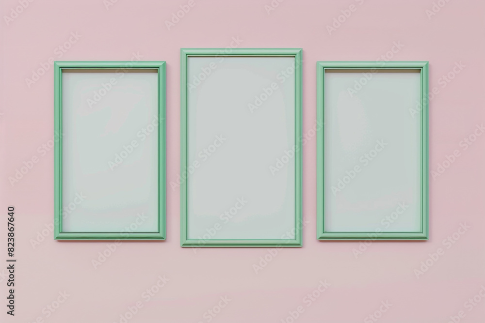 a mock-up of three empty posters in green frames on a pastel pink background. a mock-up of three empty posters in green frames on a pastel pink background.