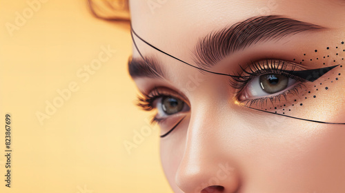 Close-up of a woman's eye adorned with intricate eyeliner and artistic makeup against a soft, orange background.