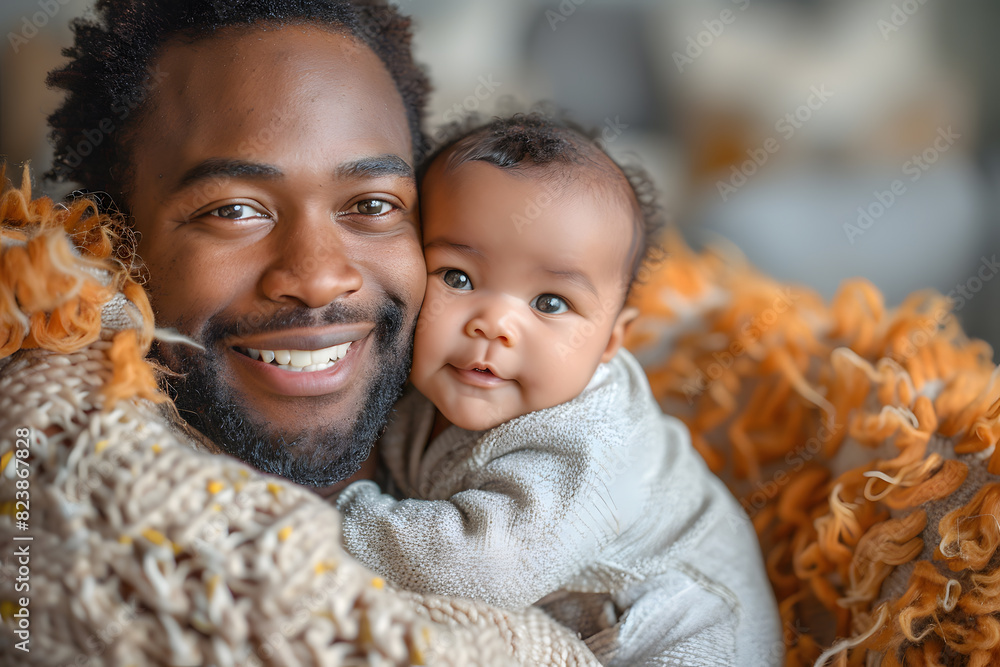 Obraz premium Happy smiling black man father plays with daughter or son child. Caring father hugs his baby tenderly. Father's Day or Children's Day concept