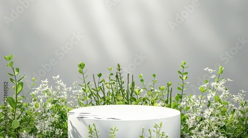 white circle podium on leight gray background and various trophical plant background. Generative AI photo