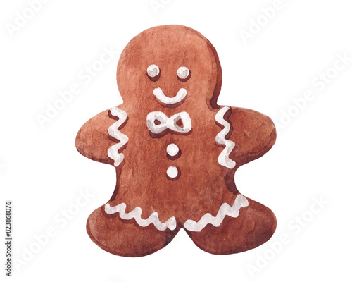 Christmas Gingerbread Man Cookie, Hand drawn Watercolor texture Vector Illustration isolated on white background