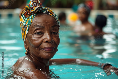 Elderly woman swimming in a pool with a colorful headscarf and a calm expression.