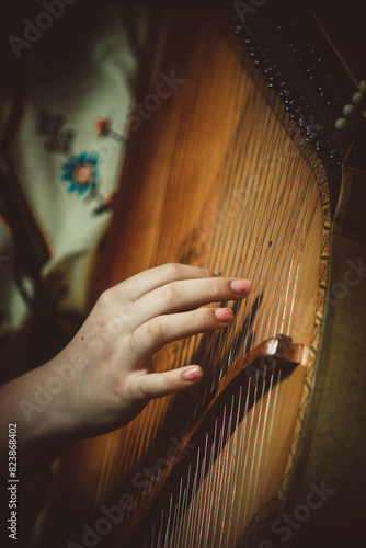 hands on the strings of a musical instrument close-up