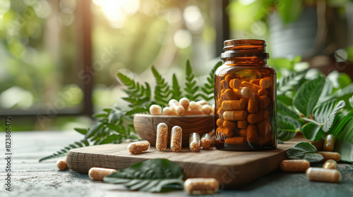 White bottle with golden capsules spilling out  green leaves in the background  space for text  highlighting natural and herbal health products