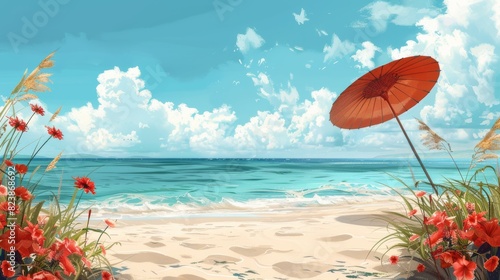 Serene Beach Landscape with Red Flowers  Umbrella  and Blue Ocean Under a Bright Sky  Featuring Copy Space for Text  