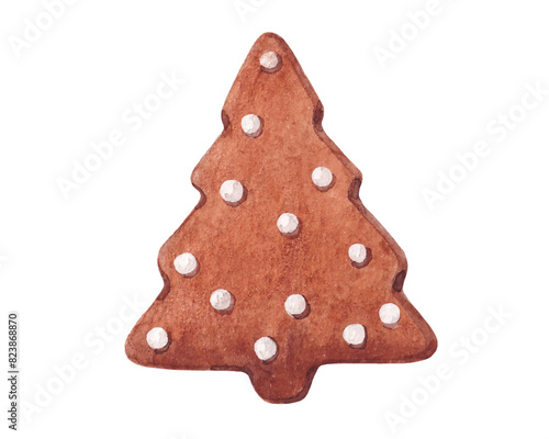 Christmas Tree Gingerbread Cookie, Hand drawn Watercolor texture Vector Illustration isolated on white background