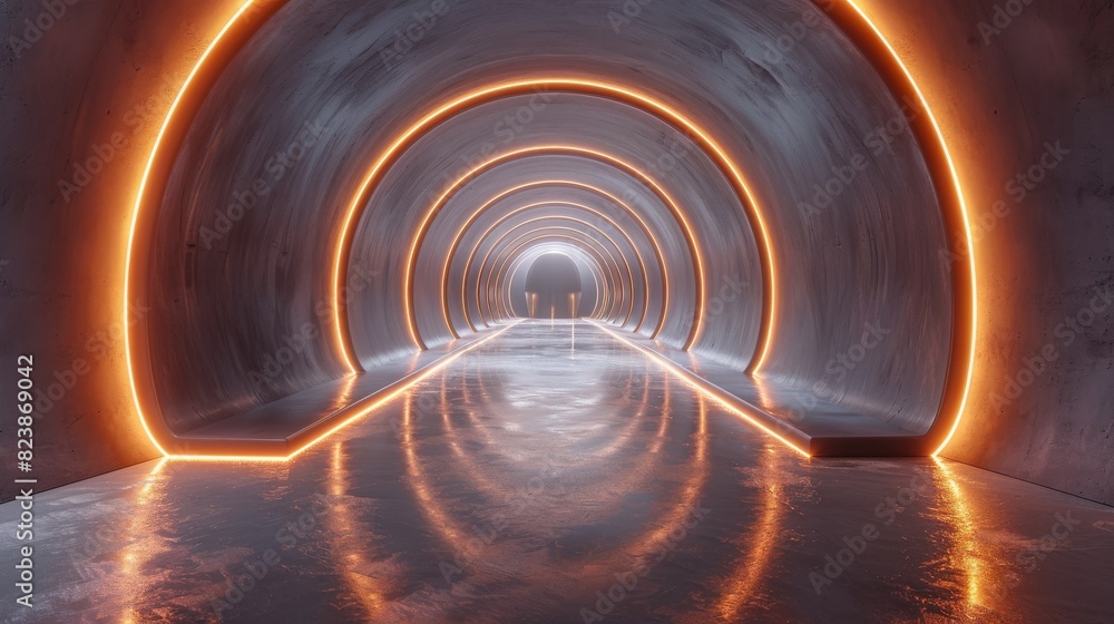 A modern design concept of a tunnel illuminated with radiant orange lights and a reflective floor, suggesting advanced technology