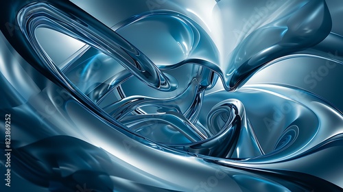 3D rendering of a blue and silver abstract background with a smooth and glossy surface.