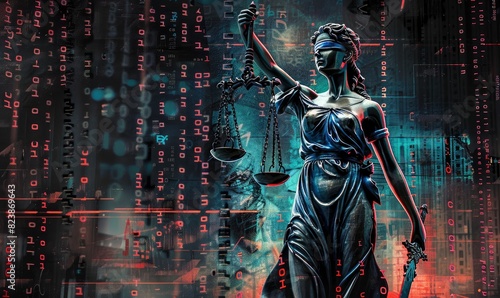 Digital art of the lady justice statue holding scales
