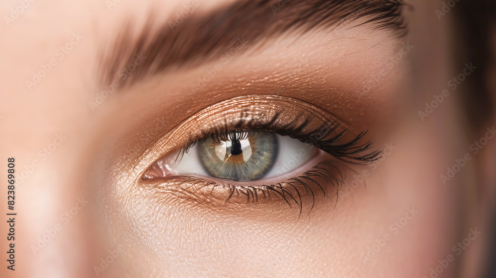 Close-up of a green eye with beautifully applied gold and brown eyeshadow, showcasing detailed makeup and natural beauty. Close-up of a green eye with beautifully applied gold and brown eyeshadow, showcasing detailed makeup and natural beauty.
