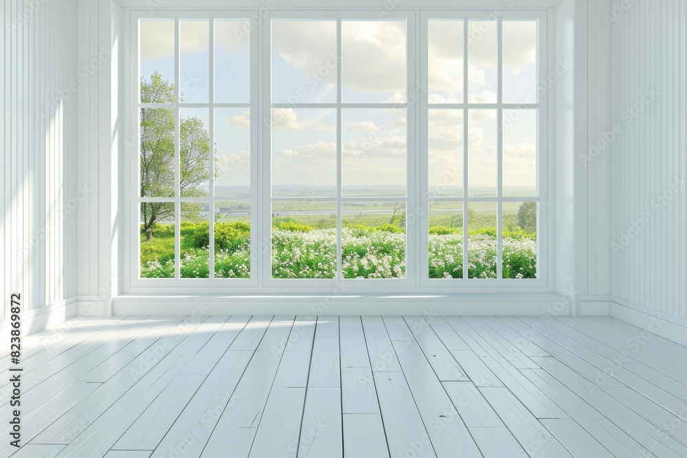 Fototapeta premium A peaceful empty room with a view of a serene field. Suitable for interior design concepts