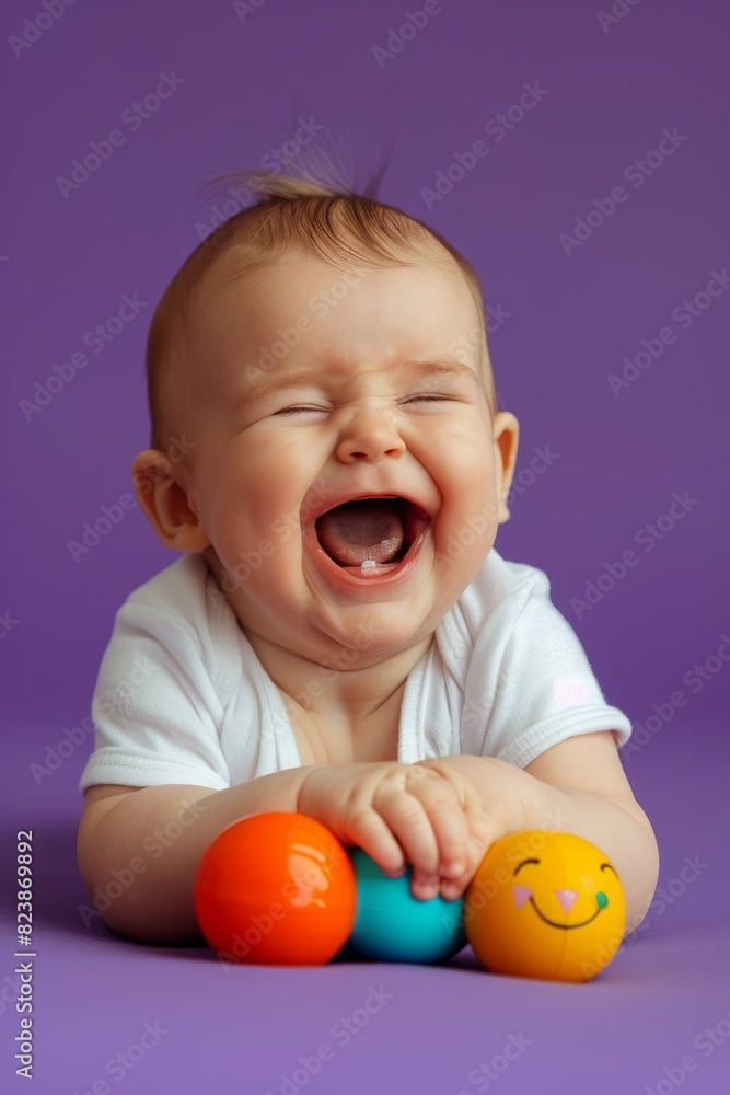 Joyful baby plays with a toy, giggling on a pastel pink backdrop Joyful baby plays with a toy, giggling on a pastel pink backdrop