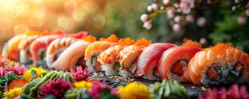Sushi platter with rolls and nigiri, bright backdrop, text area, highlighting Japanese cuisine.