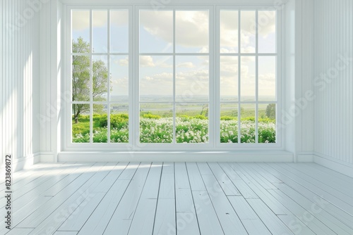 A peaceful empty room with a view of a serene field. Suitable for interior design concepts
