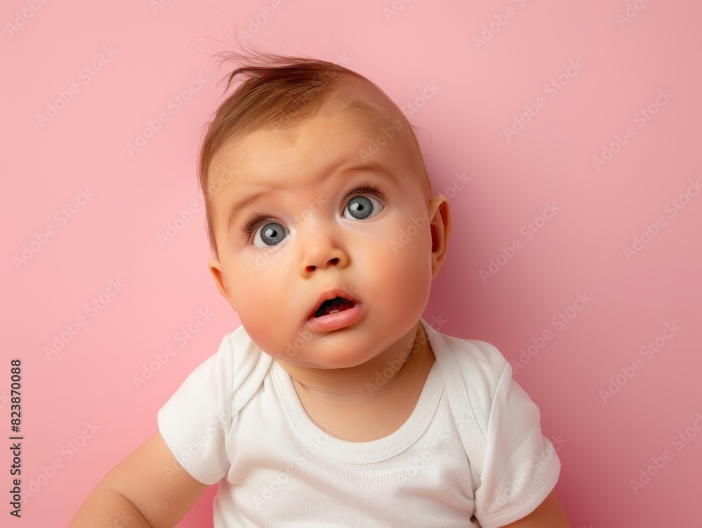 The baby is looking curiously isolated against a solid pastel pink background The baby is looking curiously isolated against a solid pastel pink background