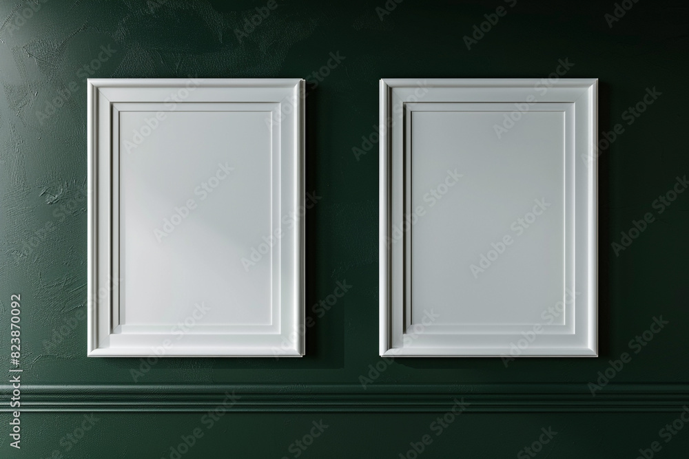 a mock-up of two empty posters in white frames on a dark green wall.