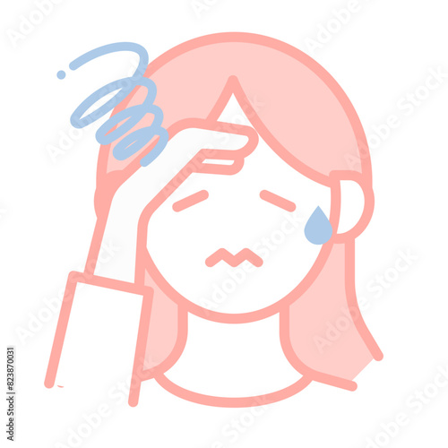 頭痛に悩む女性のシンプルな顔のアイコンイラスト
