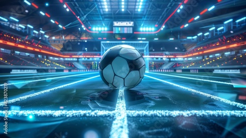 A closeup of a football in the center of a futuristic indoor soccer field photo
