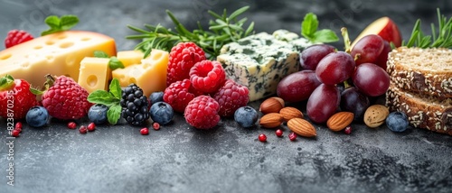 Gourmet platter of cheese  fruits  nuts  rustic setting  text space  promoting sophisticated artisanal foods