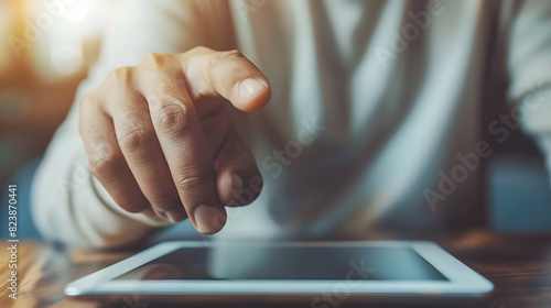 man using his tablet with one finger pointing in the air - virtual reality concept