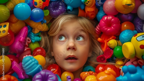 Child Surrounded by Colorful Toys