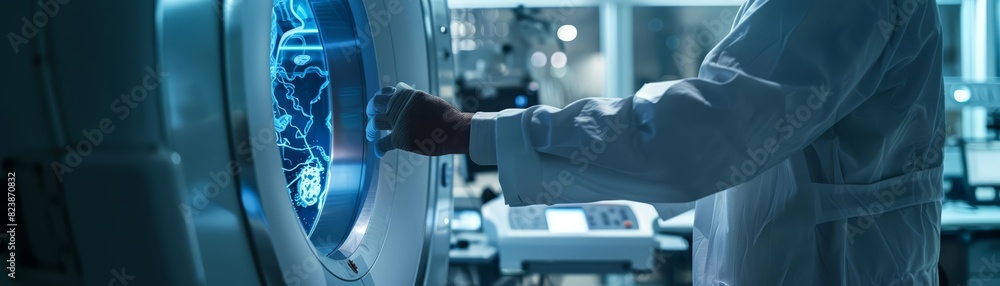 A closeup of a medical technician operating a futuristic MRI machine A closeup of a medical technician operating a futuristic MRI machine