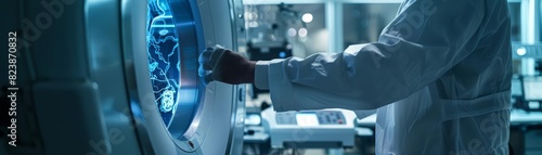 A closeup of a medical technician operating a futuristic MRI machine photo