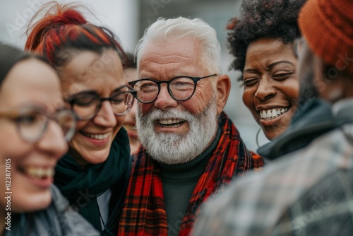 Group of diverse friends standing together and laughing. Multiethnic group of people having fun together. © Iigo