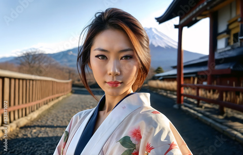 Portrait of a geisha in japanese village with snow-capped mount in the background photo