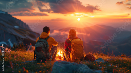 Couple man and woman campers sit in front of fire in nature camping
