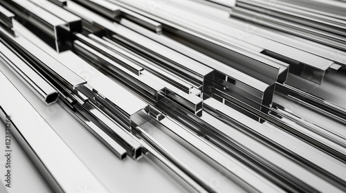 Modern shiny steel bars and pipes of different shapes and sizes, industrial and sleek.