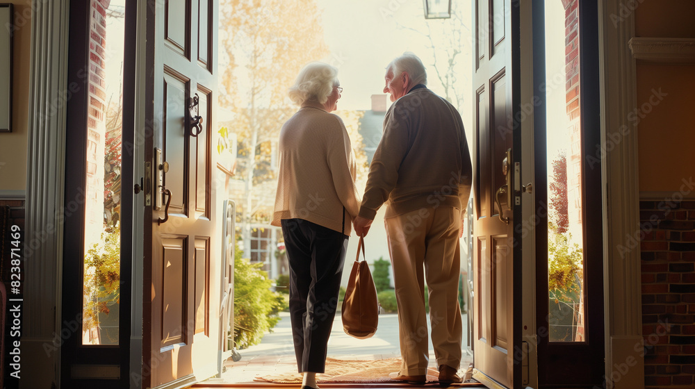 Elderly Couple Exiting Front Door Elderly Couple Exiting Front Door