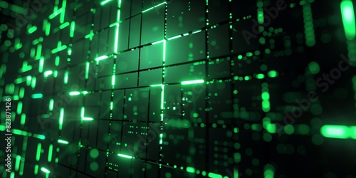 Abstract background with glowing green squares and lines on a dark backdrop