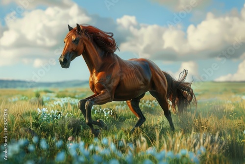 A beautiful brown horse galloping through a field of colorful flowers. Perfect for nature and animal lovers