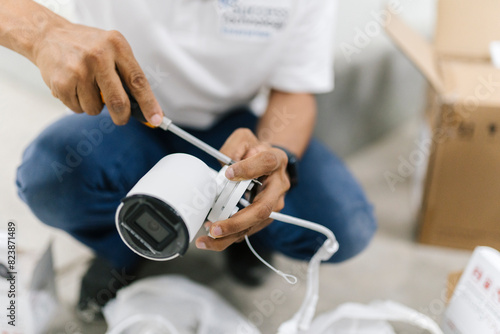 Unrecognizable man fixing security cam with tool