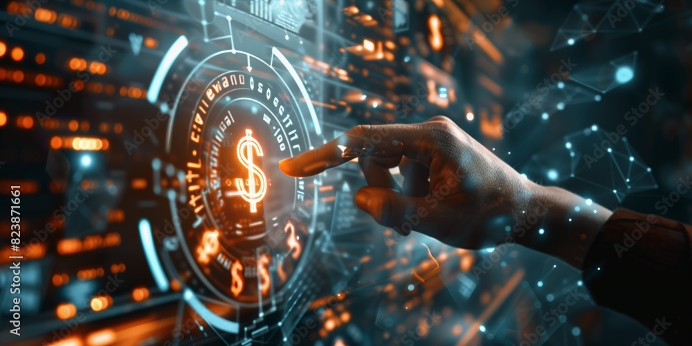 Businessman touching a dollar sign icon with his finger, representing financial technology. Businessman touching a dollar sign icon with his finger, representing financial technology.