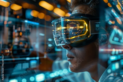 A closeup of a technician in augmented reality goggles inspecting a production line