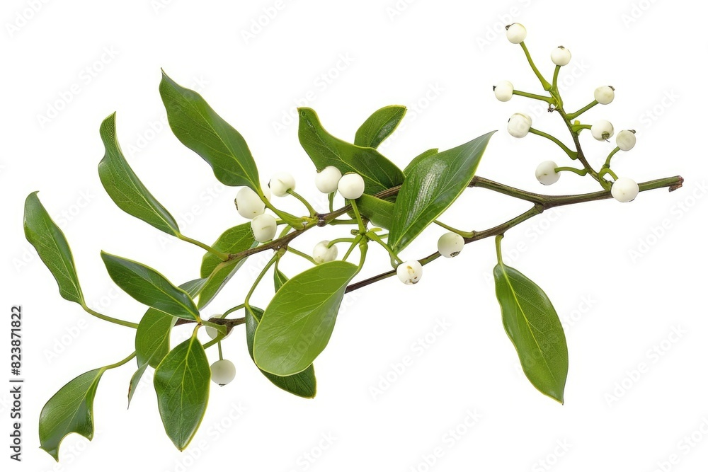 Branch with white flowers and green leaves, suitable for nature concepts Branch with white flowers and green leaves, suitable for nature concepts