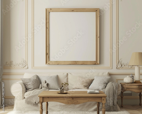 a mock-up showcasing an empty rectangular oakwood frame within a living room that has neutral pastel walls. The decor includes a coffee table and a couch  embodying a French provincial aesthetic.