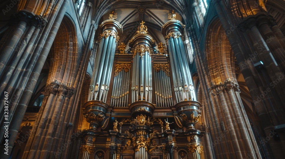 Detailed view of a large pipe organ inside a cathedral. Perfect for religious or music-themed designs