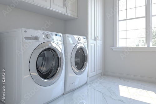 A white washer and dryer in a modern laundry room, ideal for household appliance concepts