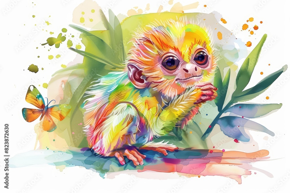 A cute water color of a pygmy marmoset, playing with a butterfly, in a vibrant, colorful rainforest, Clipart isolated on white
