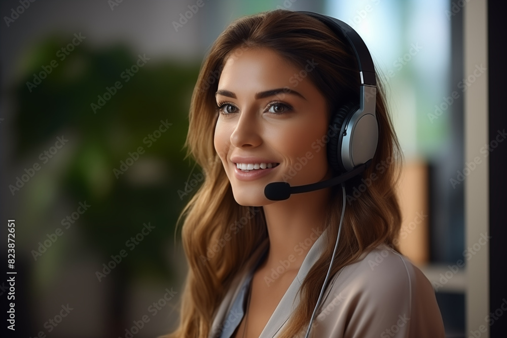 Pensive female helpdesk service agent working on computer at call center. Call center, young woman and smile . Customer service consultant. Pensive female helpdesk service agent working on computer at call center. Call center, young woman and smile . Customer service consultant.