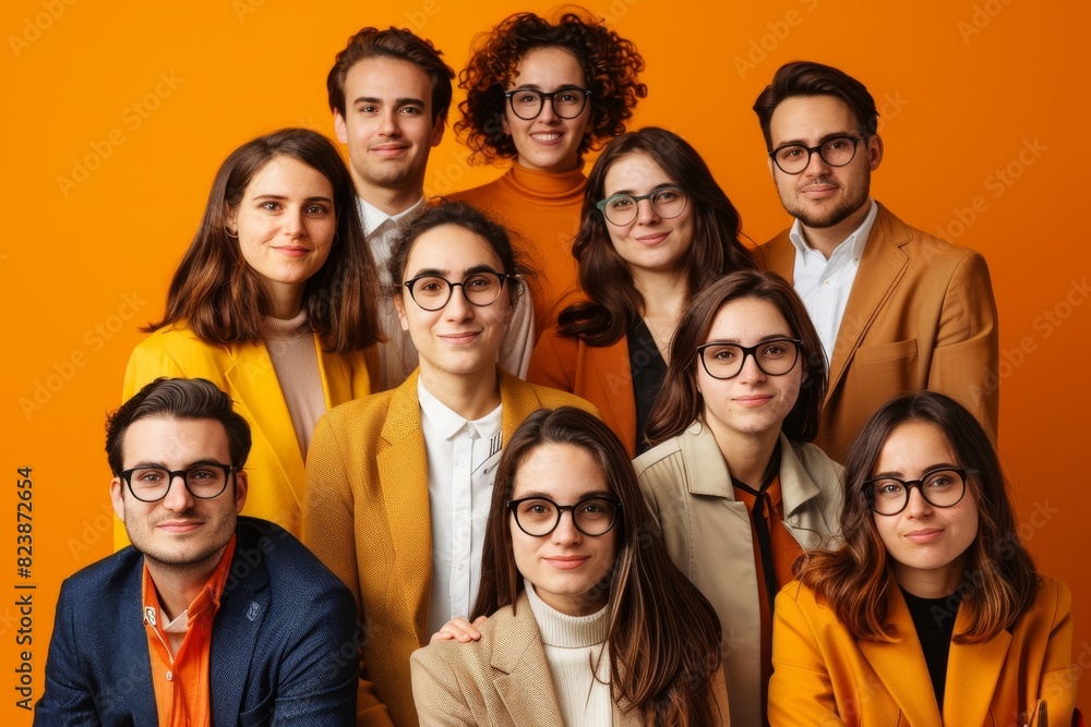 Portrait of a group of young people standing together over orange background Portrait of a group of young people standing together over orange background