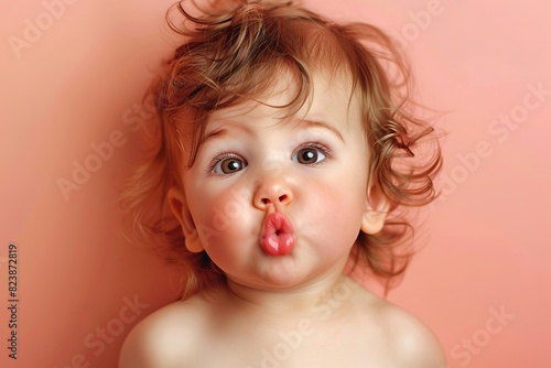 A baby's pouty lips stand out against a soft pastel orange backdrop