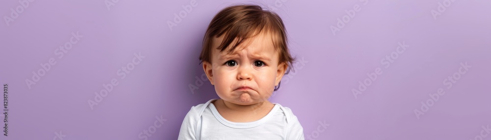 A playful baby with a silly expression stands out against a soft pastel purple backdrop A playful baby with a silly expression stands out against a soft pastel purple backdrop