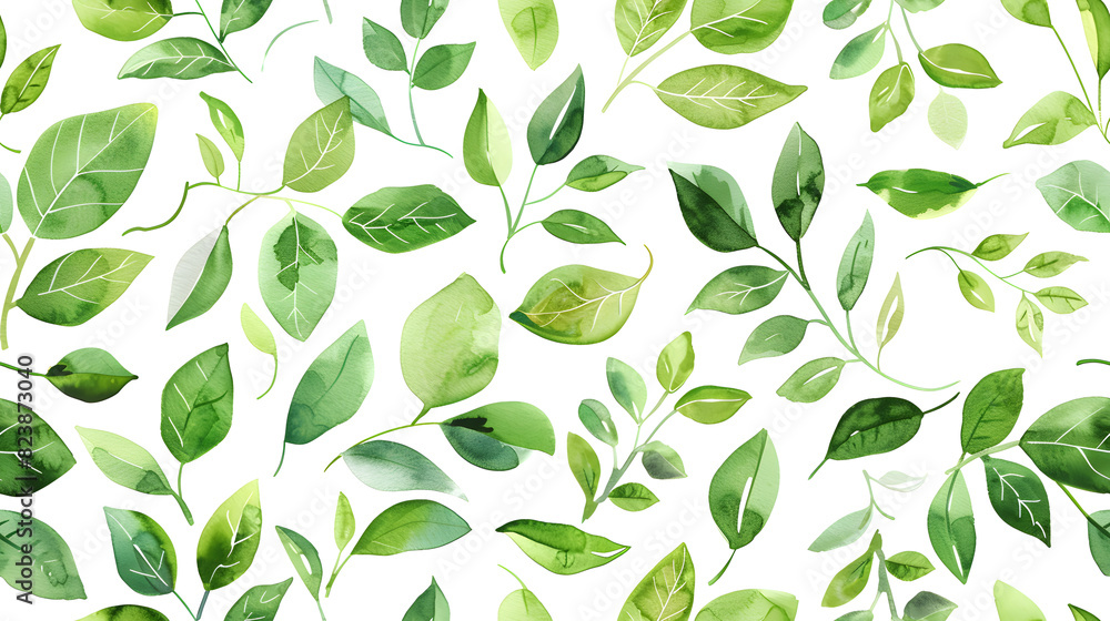 Seamless watercolor pattern featuring a variety of lush green leaves on a white background. Ideal for backgrounds, wallpapers, textiles, and artistic designs. Seamless watercolor pattern featuring a variety of lush green leaves on a white background. Ideal for backgrounds, wallpapers, textiles, and artistic designs.