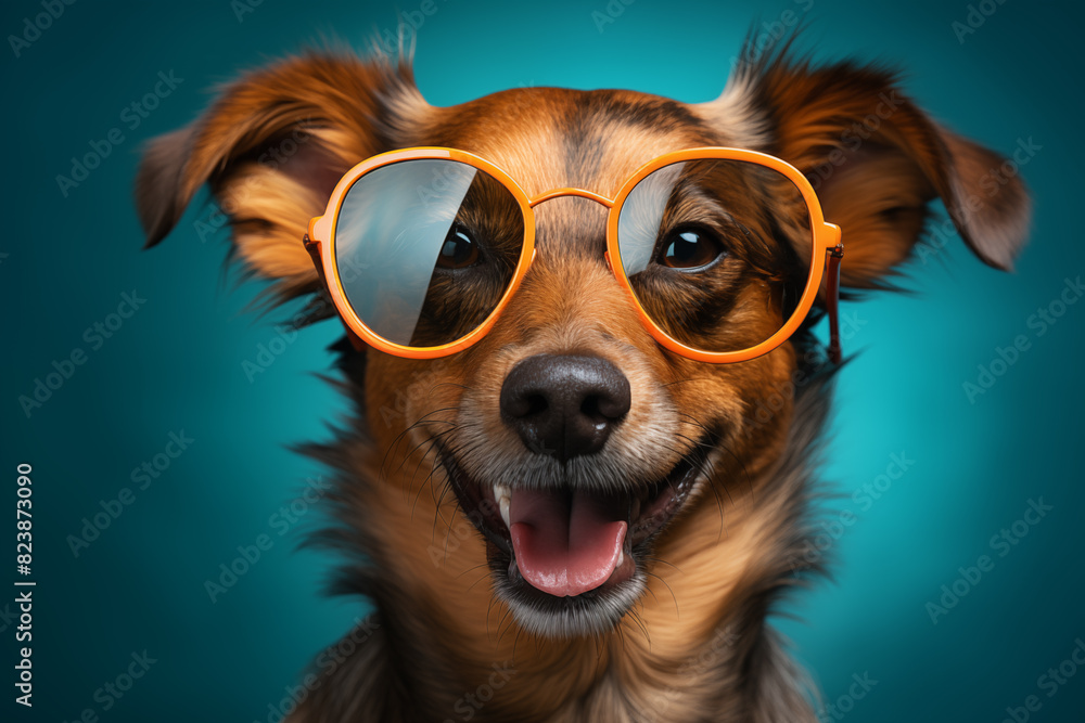 Dog wearing sunglasses. Happy dog with sunglasses. Portrait of smiling dog wearing sunglasses. Happy pet concept Dog wearing sunglasses. Happy dog with sunglasses. Portrait of smiling dog wearing sunglasses. Happy pet concept