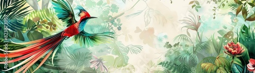 A kawaii water color of a quetzal, flying gracefully, with its long tail feathers trailing in a lush, tropical forest, Clipart isolated on white photo