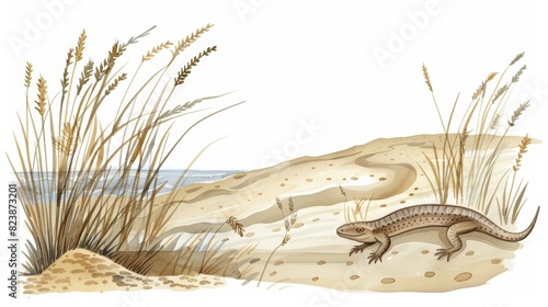 A kawaii water color of a skink, darting across a sandy path, in a coastal dune ecosystem with sea oats and waves in the distance, Clipart isolated on white